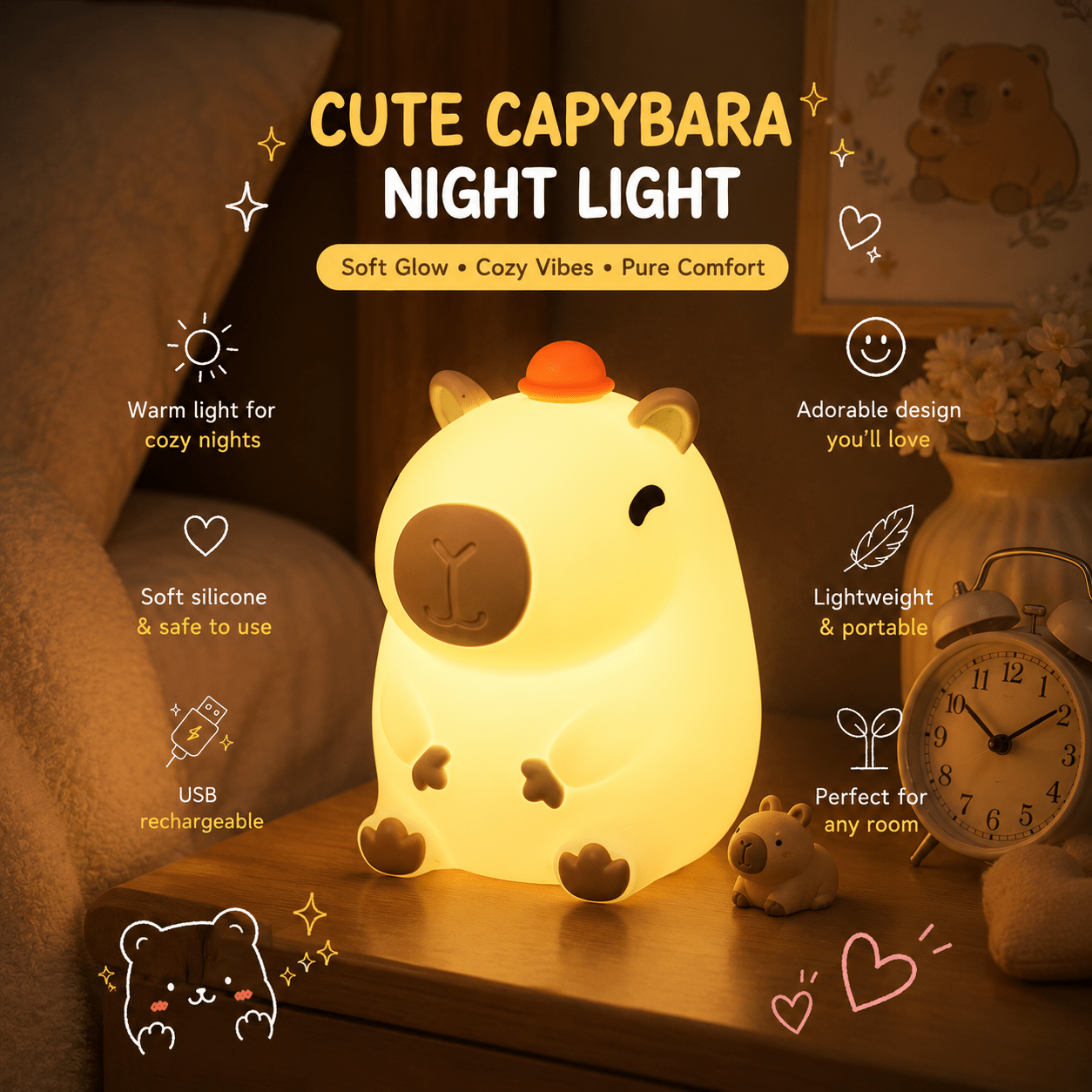 Cute Capybara Silicone Night Light – USB Rechargeable Bedside Lamp | Meep Cozy - Meep Cozy