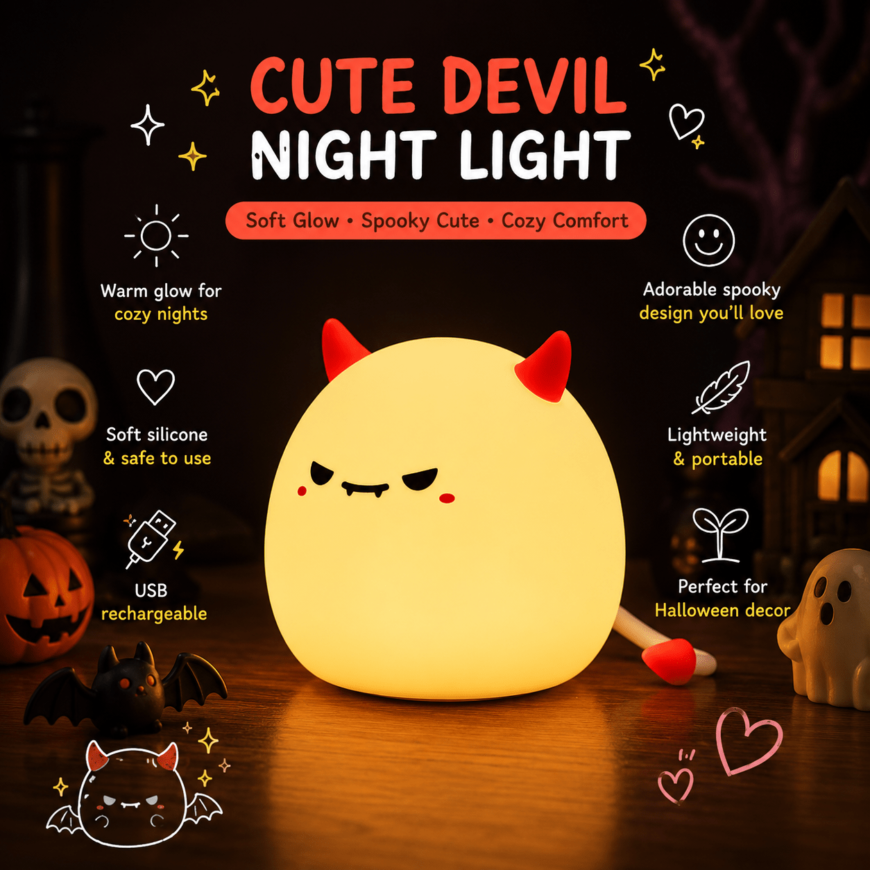 Cute Devil Night Light – Halloween Silicone LED Lamp | Meep Cozy - Meep Cozy