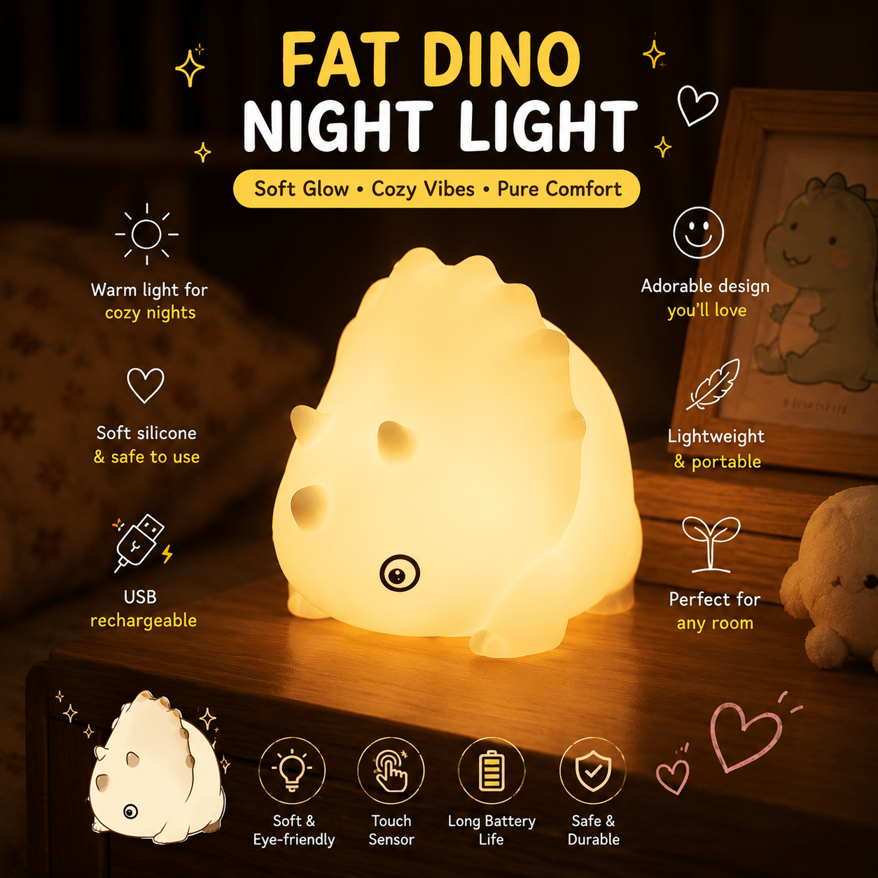 Cute Dinosaur Night Light – Touch Sensor Silicone LED Bedside Lamp | Meep Cozy - Meep Cozy