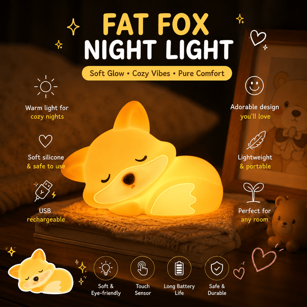 Cute Fox Night Light – USB Rechargeable Silicone Bedside Lamp | Meep Cozy - Meep Cozy