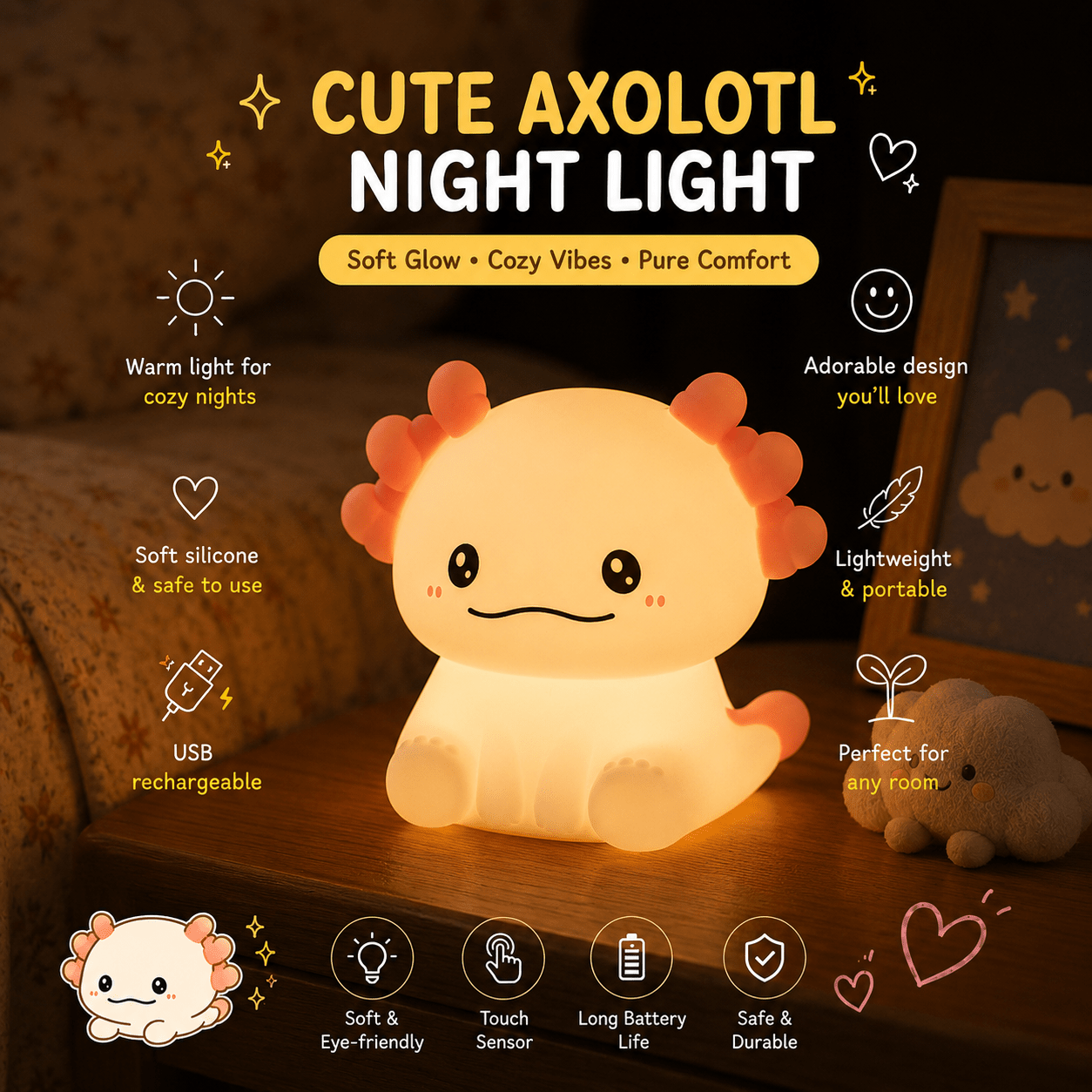 Cute Hexagon Dinosaur Night Light – Soft Silicone LED Bedside Lamp | Meep Cozy - Meep Cozy