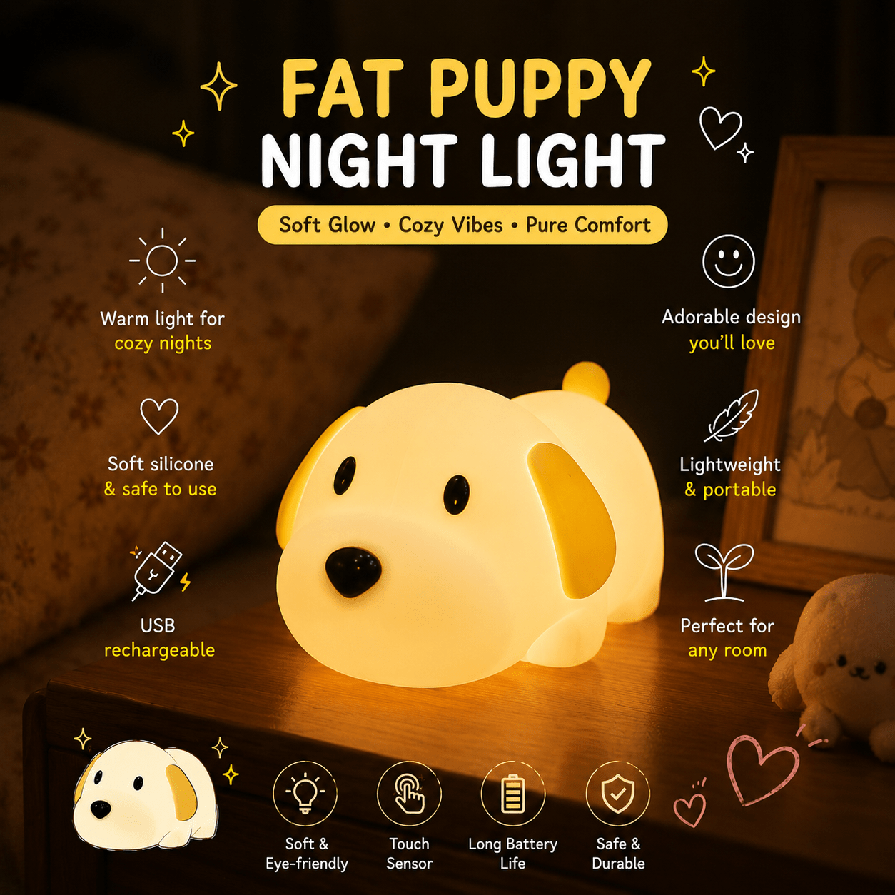Cute Puppy Silicone Night Light – USB Rechargeable Bedside Lamp for Kids | Meep Cozy - Meep Cozy