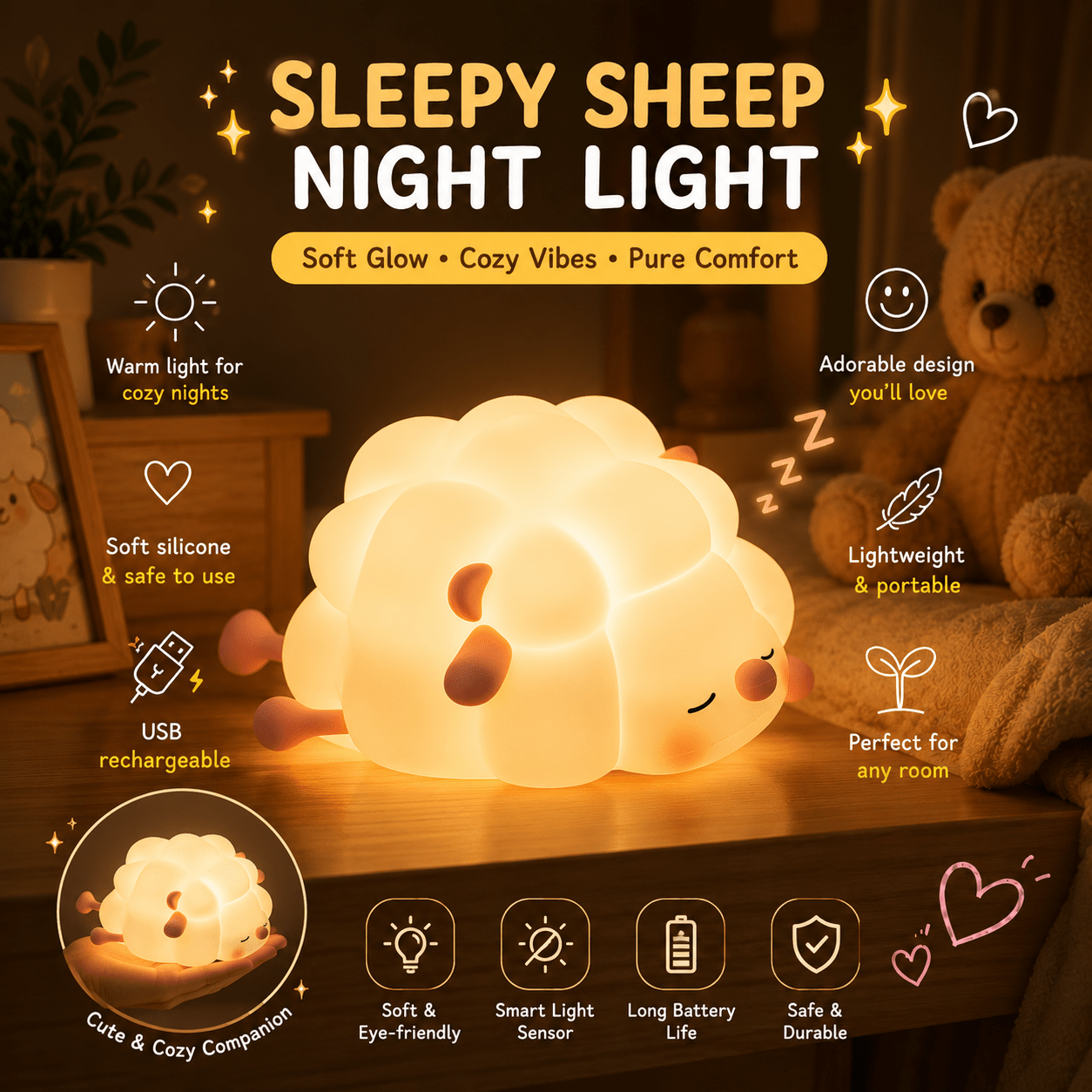 Sheep Night Light with Auto Light Sensor Cozy Bedside Lamp | Meep Cozy - Meep Cozy
